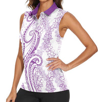 Polynesia Plumeria Lei Women Sleeveless Polo Shirt White Violet Curves Motif LT7 - Polynesian Pride