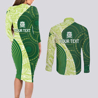 Fiji Ballantine Memorial High School Personalised Couples Matching Long Sleeve Bodycon Dress and Long Sleeve Button Shirt Masi Tapa Mix Plumeria