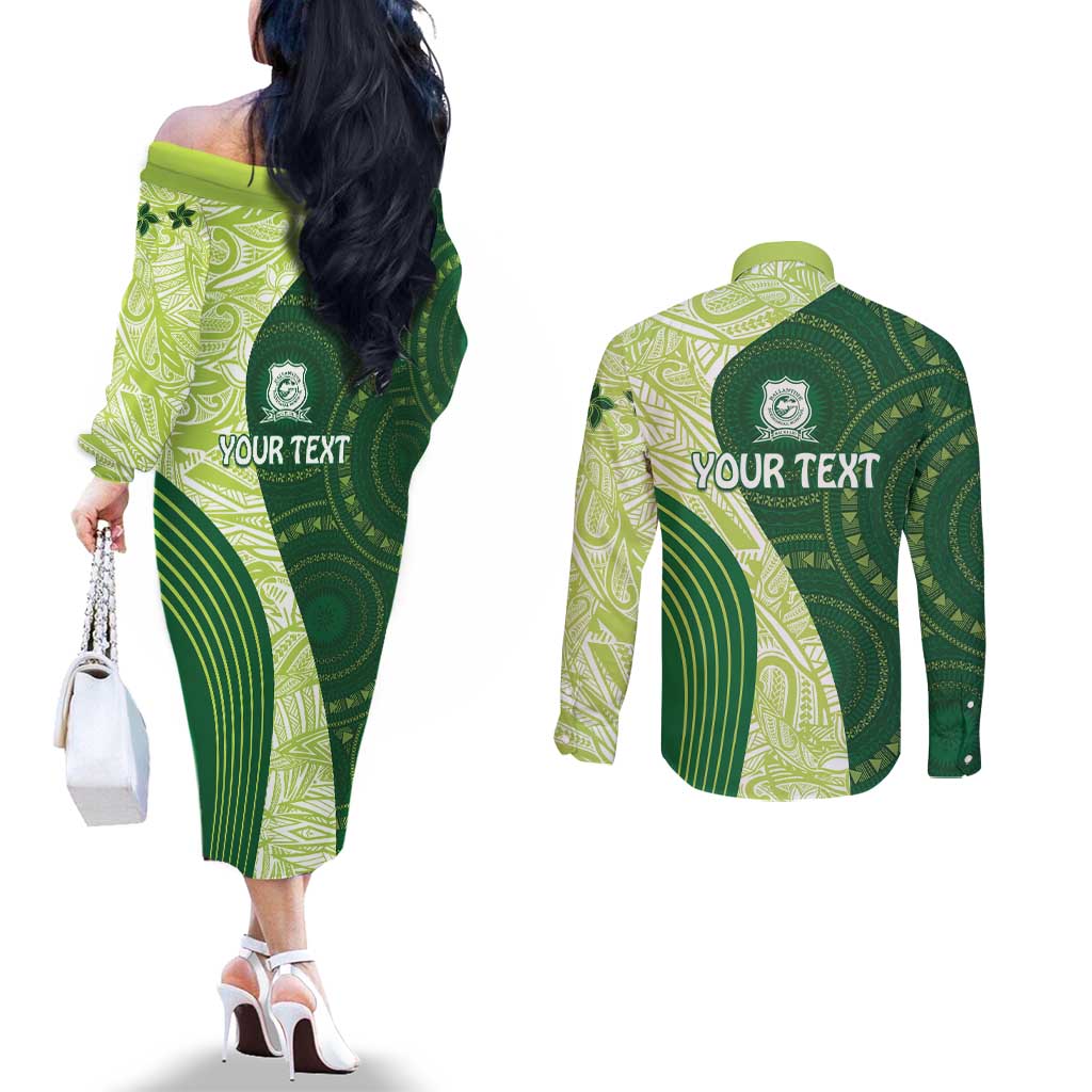 Fiji Ballantine Memorial High School Personalised Couples Matching Off The Shoulder Long Sleeve Dress and Long Sleeve Button Shirt Masi Tapa Mix Plumeria