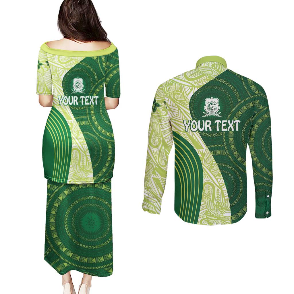 Fiji Ballantine Memorial High School Personalised Couples Matching Puletasi and Long Sleeve Button Shirt Masi Tapa Mix Plumeria