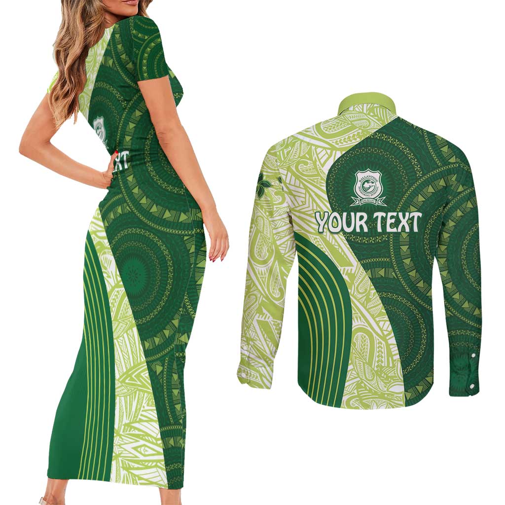 Fiji Ballantine Memorial High School Personalised Couples Matching Short Sleeve Bodycon Dress and Long Sleeve Button Shirt Masi Tapa Mix Plumeria