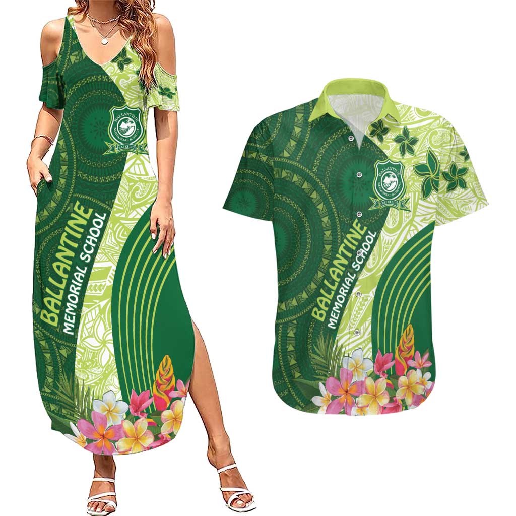 Fiji Ballantine Memorial High School Personalised Couples Matching Summer Maxi Dress and Hawaiian Shirt Masi Tapa Mix Plumeria
