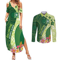 Fiji Ballantine Memorial High School Personalised Couples Matching Summer Maxi Dress and Long Sleeve Button Shirt Masi Tapa Mix Plumeria