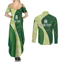 Fiji Ballantine Memorial High School Personalised Couples Matching Summer Maxi Dress and Long Sleeve Button Shirt Masi Tapa Mix Plumeria