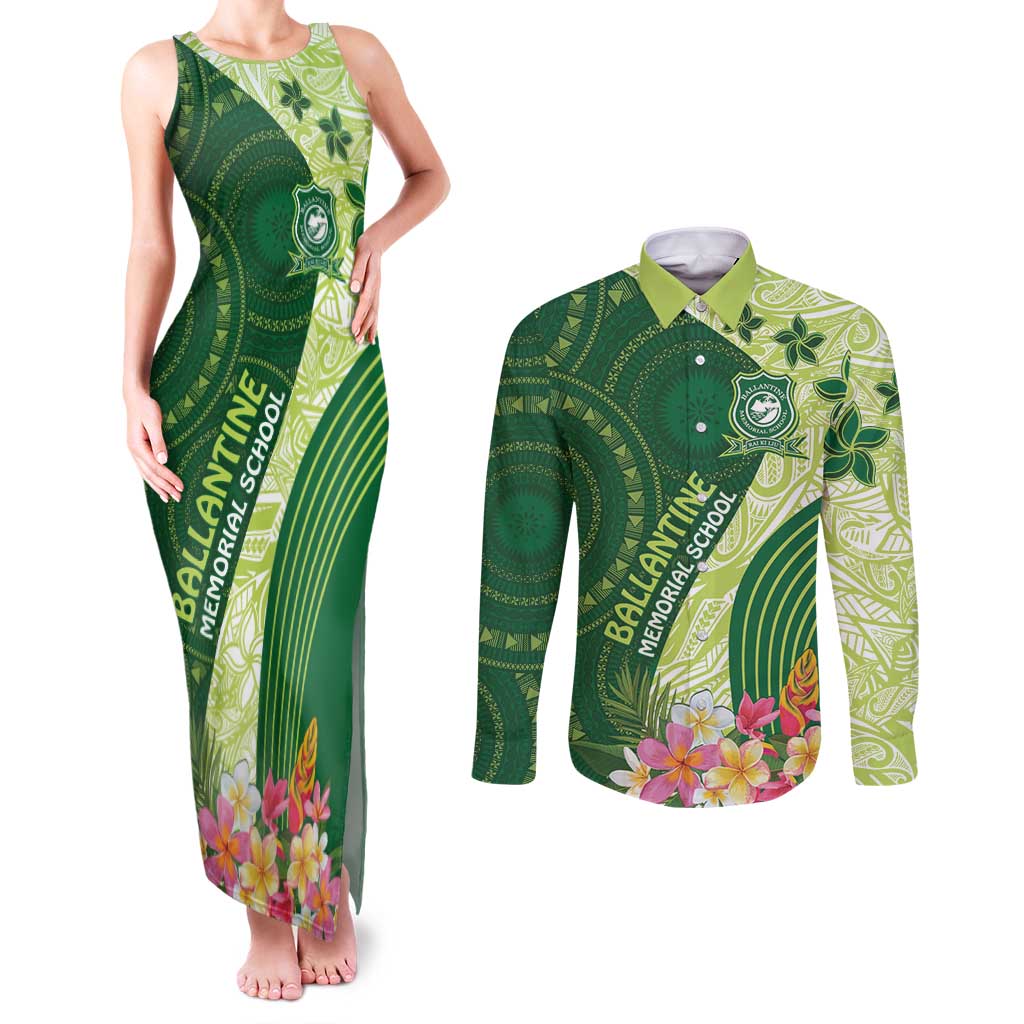 Fiji Ballantine Memorial High School Personalised Couples Matching Tank Maxi Dress and Long Sleeve Button Shirt Masi Tapa Mix Plumeria