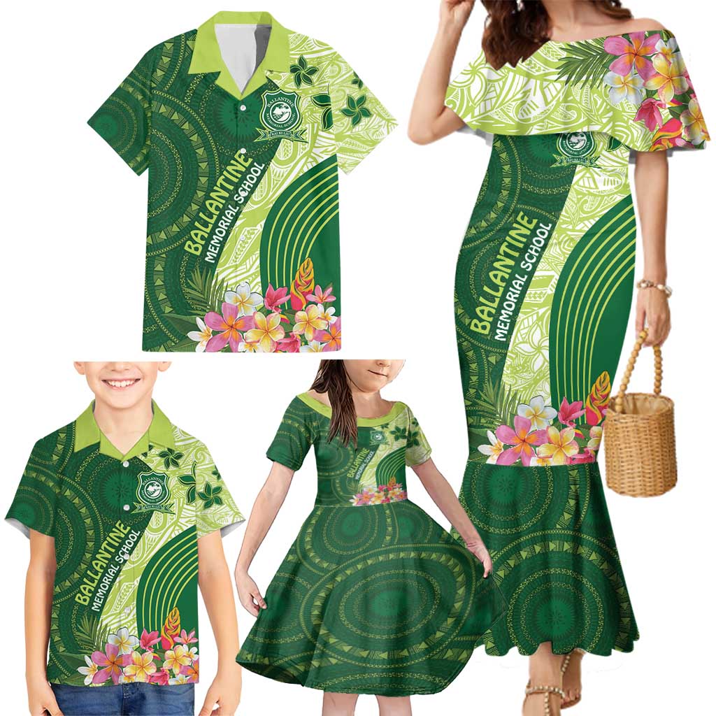 Fiji Ballantine Memorial High School Personalised Family Matching Mermaid Dress and Hawaiian Shirt Masi Tapa Mix Plumeria