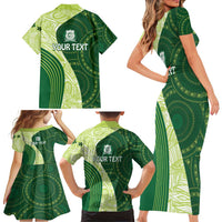 Fiji Ballantine Memorial High School Personalised Family Matching Short Sleeve Bodycon Dress and Hawaiian Shirt Masi Tapa Mix Plumeria