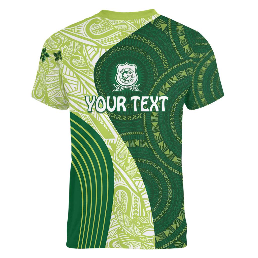 Fiji Ballantine Memorial High School Personalised Women V-Neck T-Shirt Masi Tapa Mix Plumeria