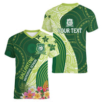 Fiji Ballantine Memorial High School Personalised Women V-Neck T-Shirt Masi Tapa Mix Plumeria