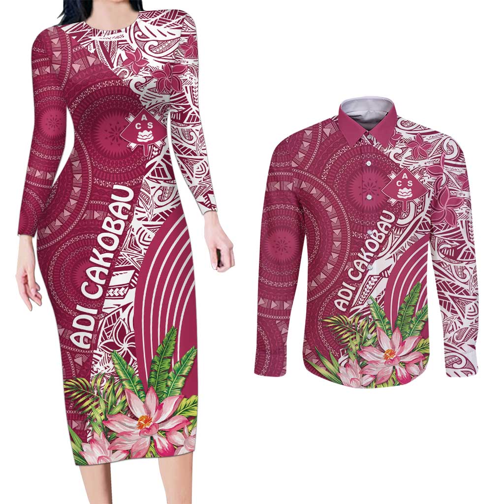 Fiji Adi Cakobau School Personalised Couples Matching Long Sleeve Bodycon Dress and Long Sleeve Button Shirt Masi Tapa Mix Plumeria