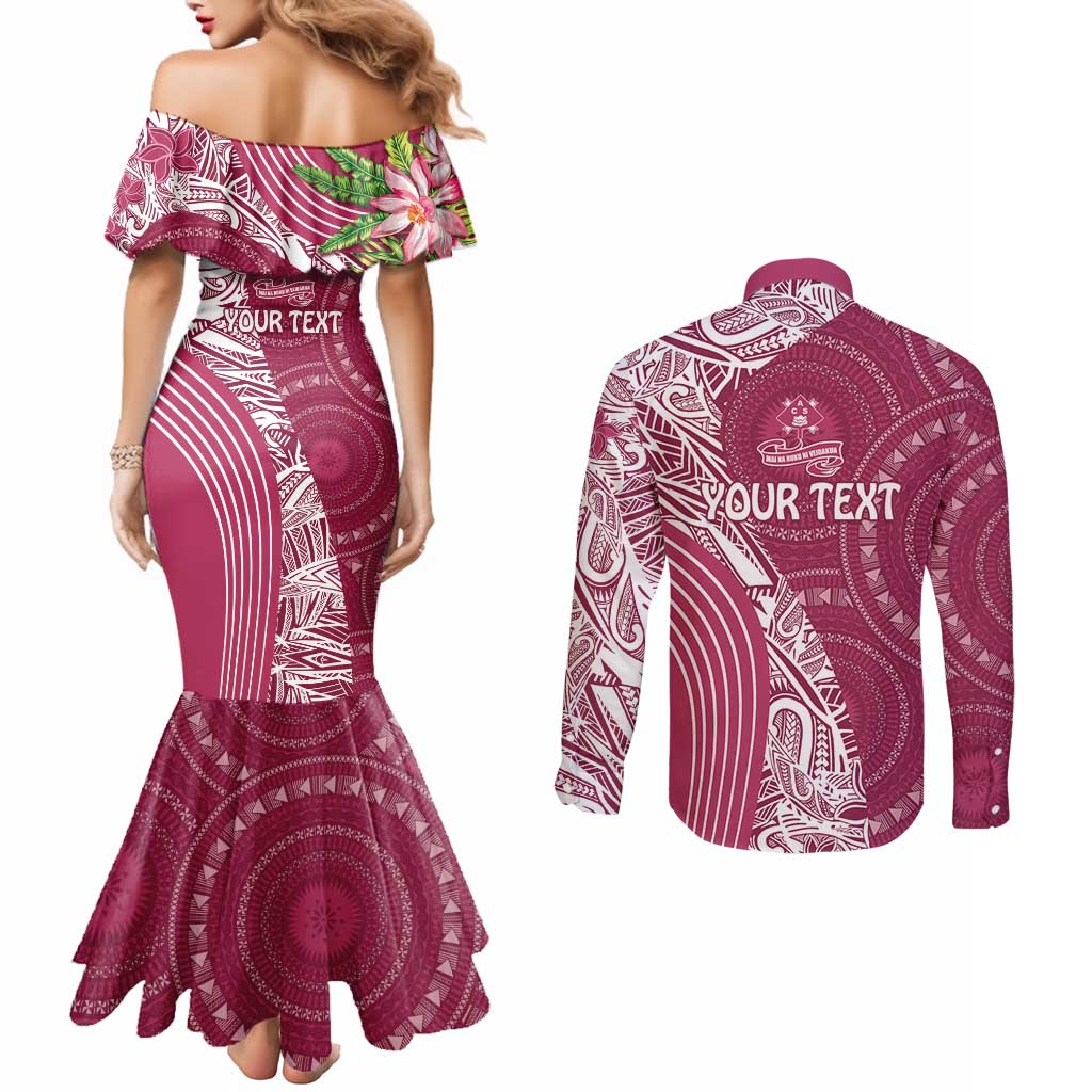 Fiji Adi Cakobau School Personalised Couples Matching Mermaid Dress and Long Sleeve Button Shirt Masi Tapa Mix Plumeria