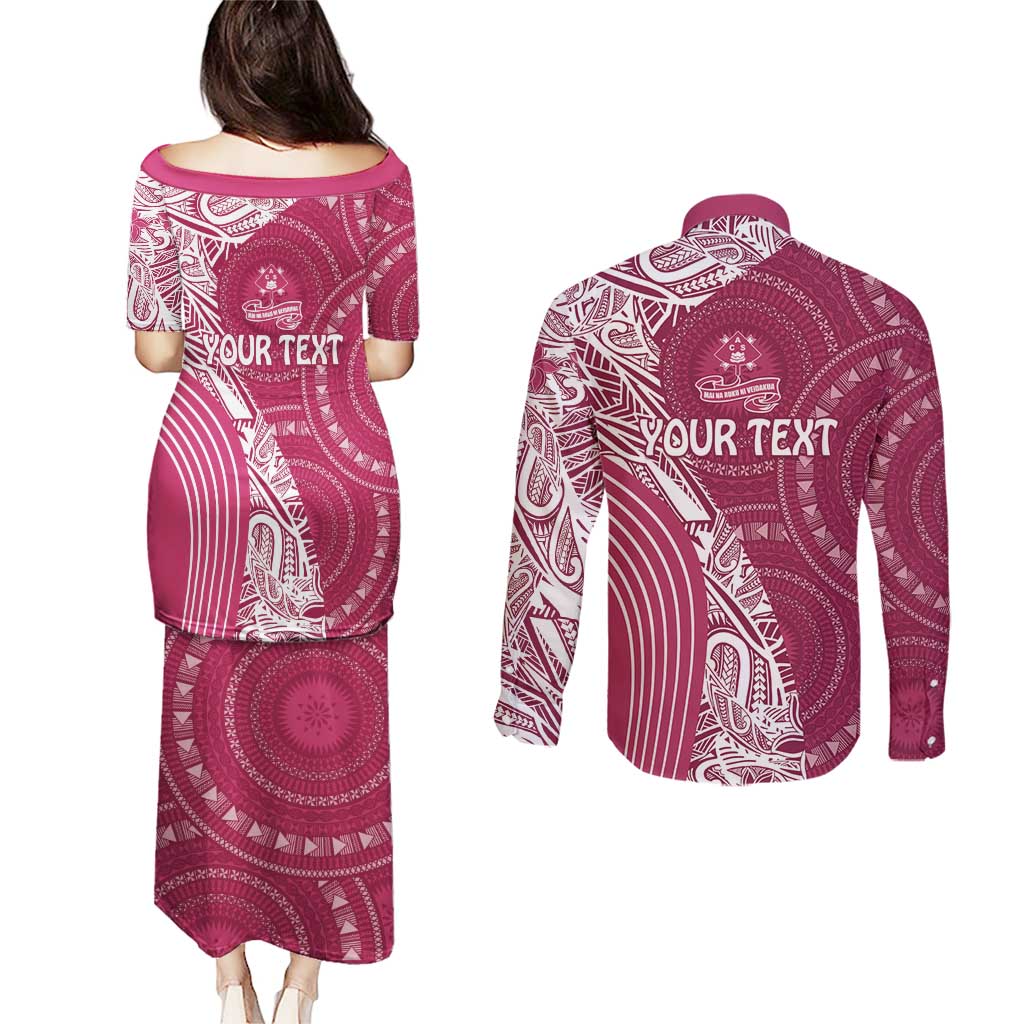 Fiji Adi Cakobau School Personalised Couples Matching Puletasi and Long Sleeve Button Shirt Masi Tapa Mix Plumeria