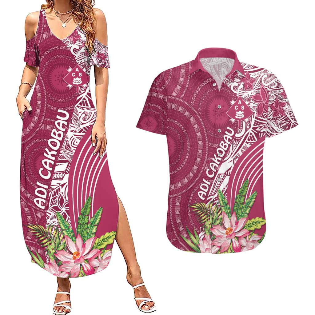 Fiji Adi Cakobau School Personalised Couples Matching Summer Maxi Dress and Hawaiian Shirt Masi Tapa Mix Plumeria