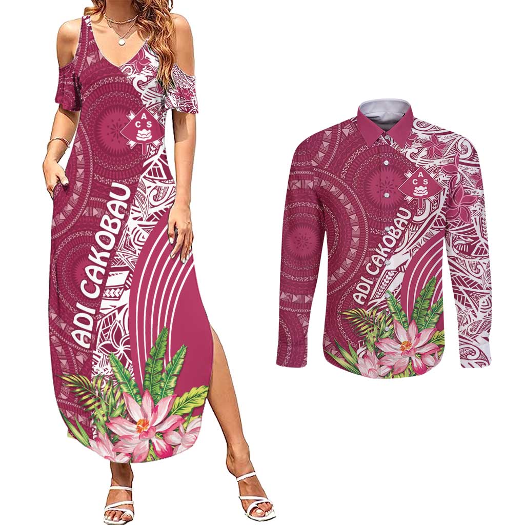 Fiji Adi Cakobau School Personalised Couples Matching Summer Maxi Dress and Long Sleeve Button Shirt Masi Tapa Mix Plumeria