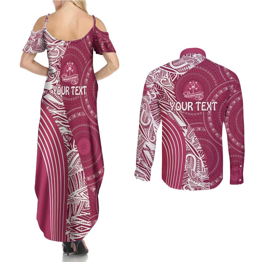 Fiji Adi Cakobau School Personalised Couples Matching Summer Maxi Dress and Long Sleeve Button Shirt Masi Tapa Mix Plumeria