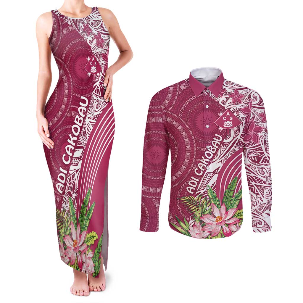 Fiji Adi Cakobau School Personalised Couples Matching Tank Maxi Dress and Long Sleeve Button Shirt Masi Tapa Mix Plumeria