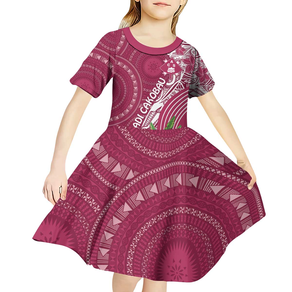 Fiji Adi Cakobau School Personalised Kid Short Sleeve Dress Masi Tapa Mix Plumeria