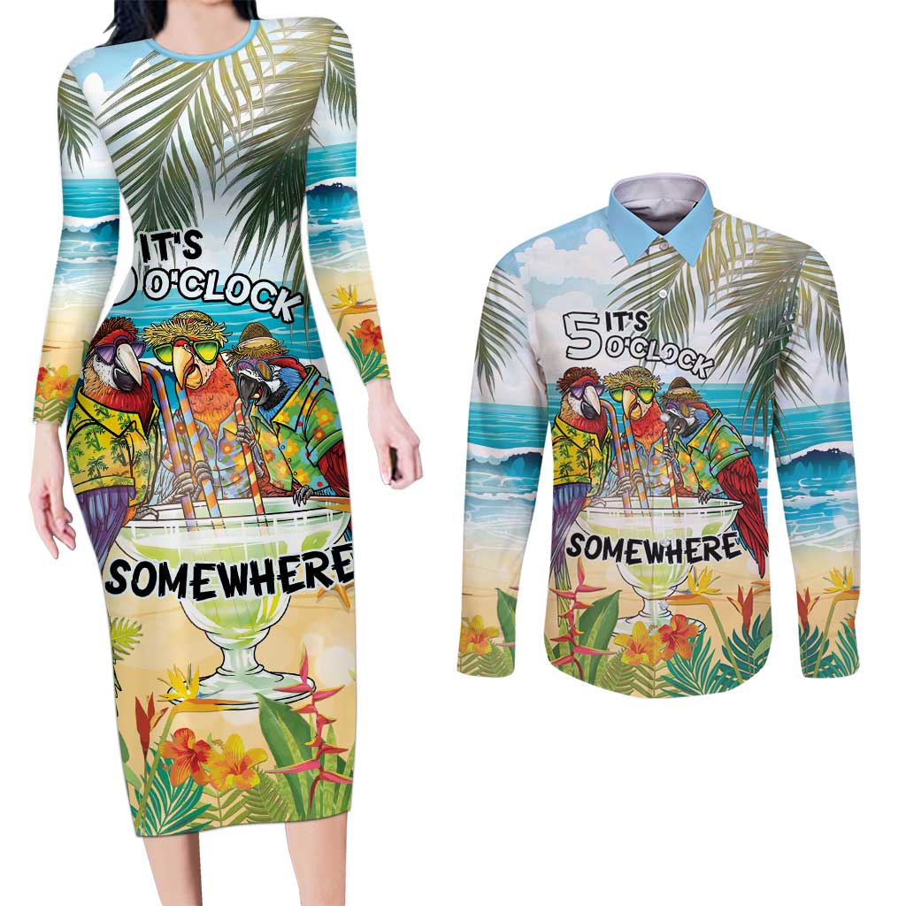It's 5 o'clock Somewhere Couples Matching Long Sleeve Bodycon Dress and Long Sleeve Button Shirt Beach Party - Polynesian Pride