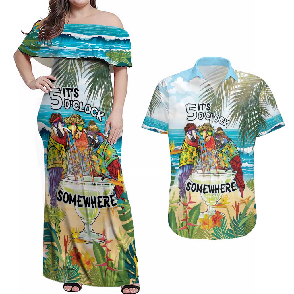 It's 5 o'clock Somewhere Couples Matching Off Shoulder Maxi Dress and Hawaiian Shirt Beach Party - Polynesian Pride