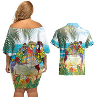 It's 5 o'clock Somewhere Couples Matching Off Shoulder Short Dress and Hawaiian Shirt Beach Party - Polynesian Pride