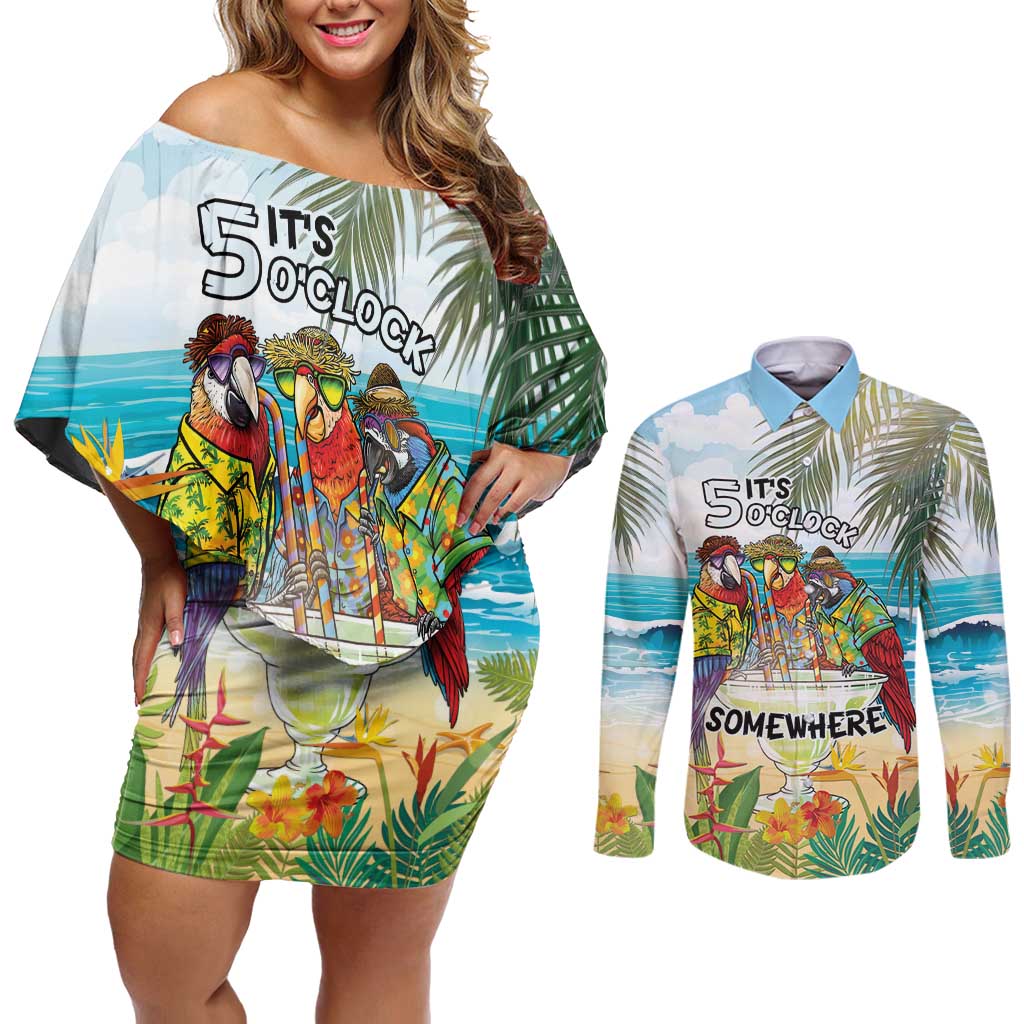 It's 5 o'clock Somewhere Couples Matching Off Shoulder Short Dress and Long Sleeve Button Shirt Beach Party - Polynesian Pride