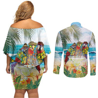 It's 5 o'clock Somewhere Couples Matching Off Shoulder Short Dress and Long Sleeve Button Shirt Beach Party - Polynesian Pride