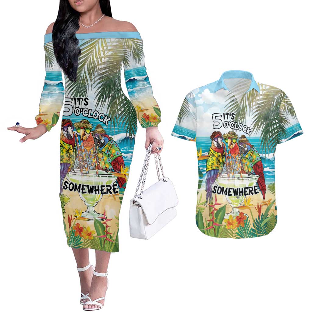 It's 5 o'clock Somewhere Couples Matching Off The Shoulder Long Sleeve Dress and Hawaiian Shirt Beach Party - Polynesian Pride