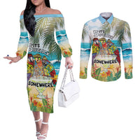 It's 5 o'clock Somewhere Couples Matching Off The Shoulder Long Sleeve Dress and Long Sleeve Button Shirt Beach Party - Polynesian Pride