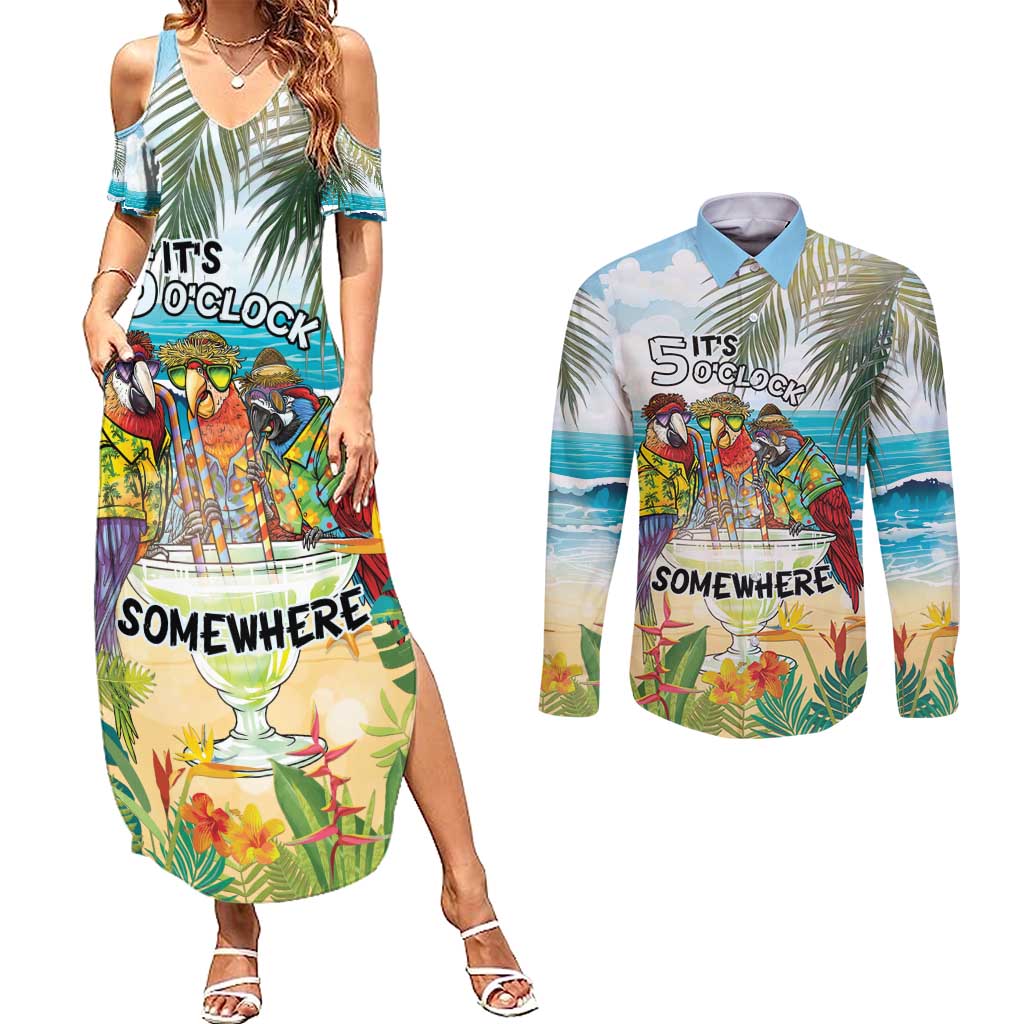 It's 5 o'clock Somewhere Couples Matching Summer Maxi Dress and Long Sleeve Button Shirt Beach Party - Polynesian Pride