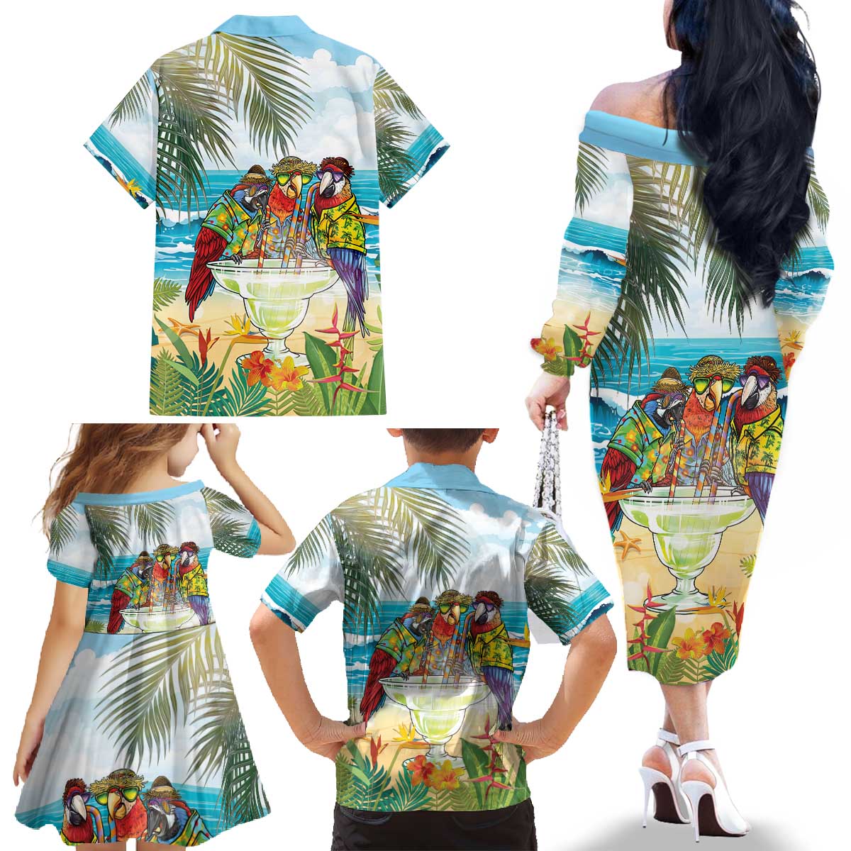 It's 5 o'clock Somewhere Family Matching Off The Shoulder Long Sleeve Dress and Hawaiian Shirt Beach Party - Polynesian Pride