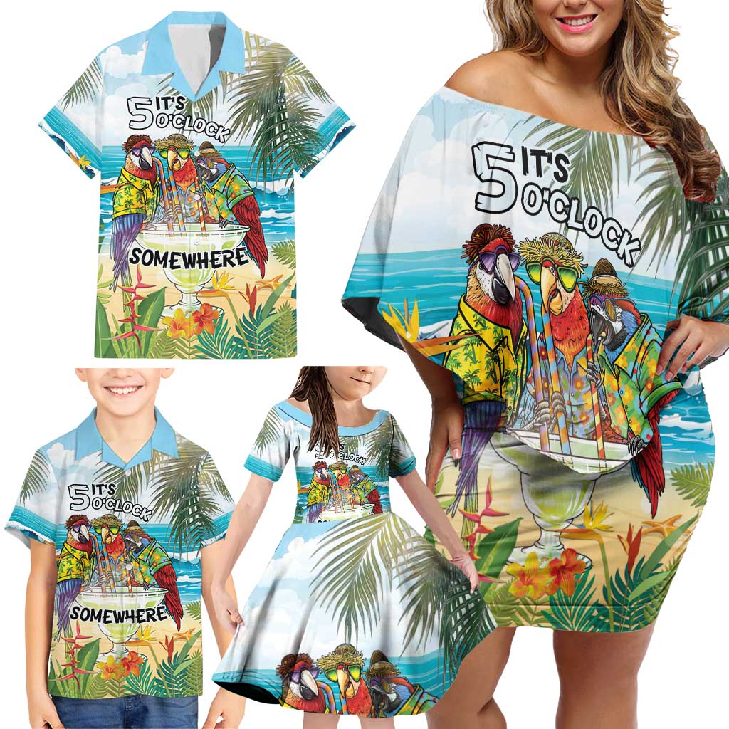 It's 5 o'clock Somewhere Family Matching Off Shoulder Short Dress and Hawaiian Shirt Beach Party - Polynesian Pride
