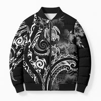 Aloha Hawaii Turtles Floral Bomber Puffer Jacket Obsidian Glaze LT7 Unisex Black - Polynesian Pride