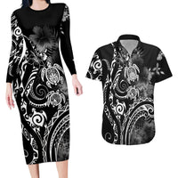 Aloha Hawaii Turtles Floral Couples Matching Long Sleeve Bodycon Dress and Hawaiian Shirt Obsidian Glaze LT7 Black - Polynesian Pride