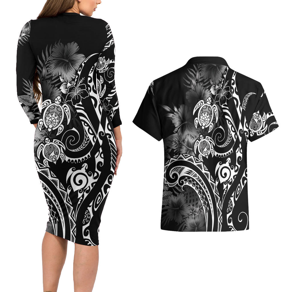 Aloha Hawaii Turtles Floral Couples Matching Long Sleeve Bodycon Dress and Hawaiian Shirt Obsidian Glaze LT7 - Polynesian Pride