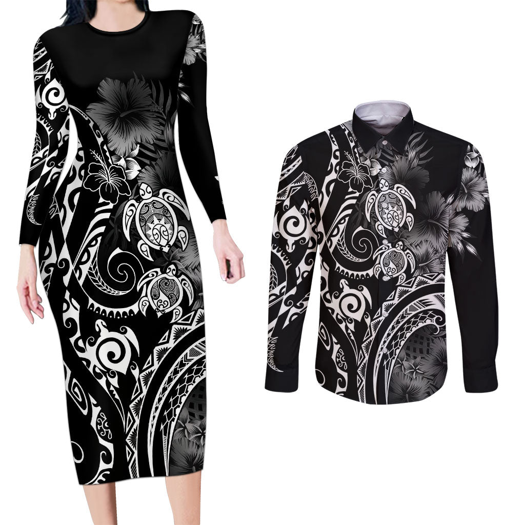 Aloha Hawaii Turtles Floral Couples Matching Long Sleeve Bodycon Dress and Long Sleeve Button Shirt Obsidian Glaze LT7 Black - Polynesian Pride