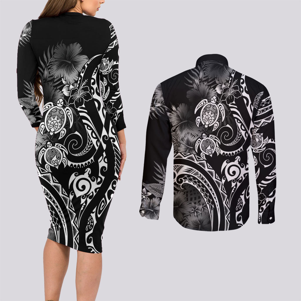 Aloha Hawaii Turtles Floral Couples Matching Long Sleeve Bodycon Dress and Long Sleeve Button Shirt Obsidian Glaze LT7 - Polynesian Pride