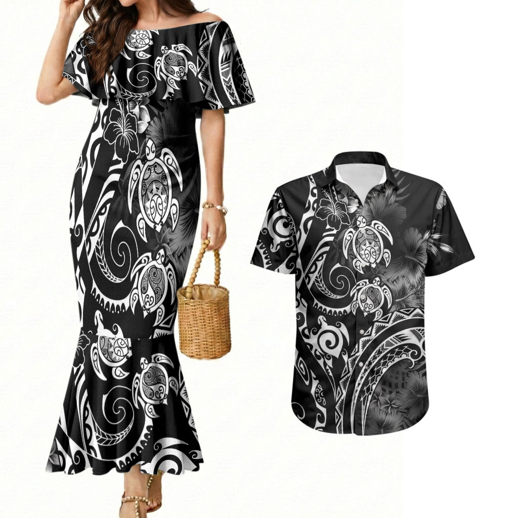 Aloha Hawaii Turtles Floral Couples Matching Mermaid Dress and Hawaiian Shirt Obsidian Glaze LT7 Black - Polynesian Pride