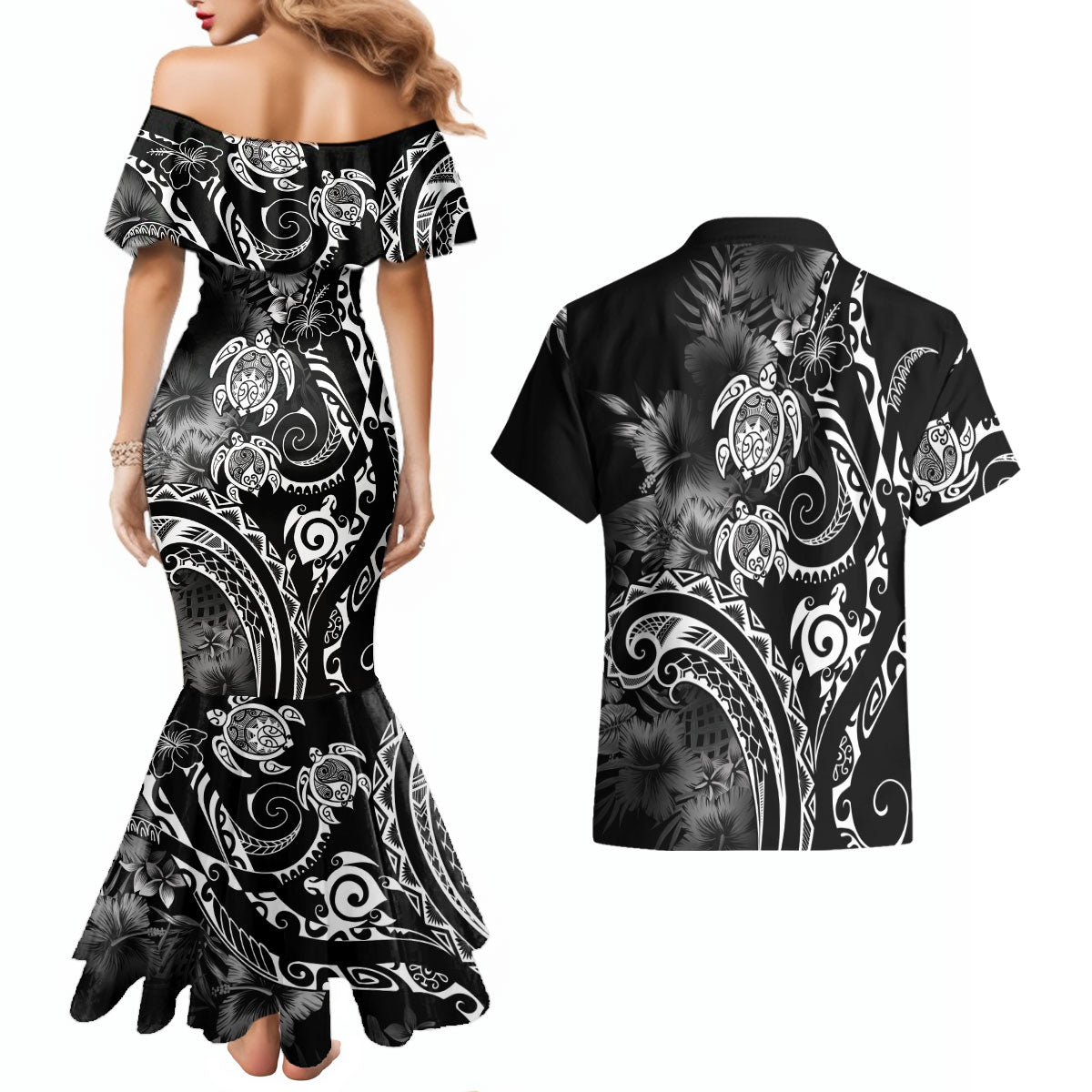 Aloha Hawaii Turtles Floral Couples Matching Mermaid Dress and Hawaiian Shirt Obsidian Glaze LT7 - Polynesian Pride