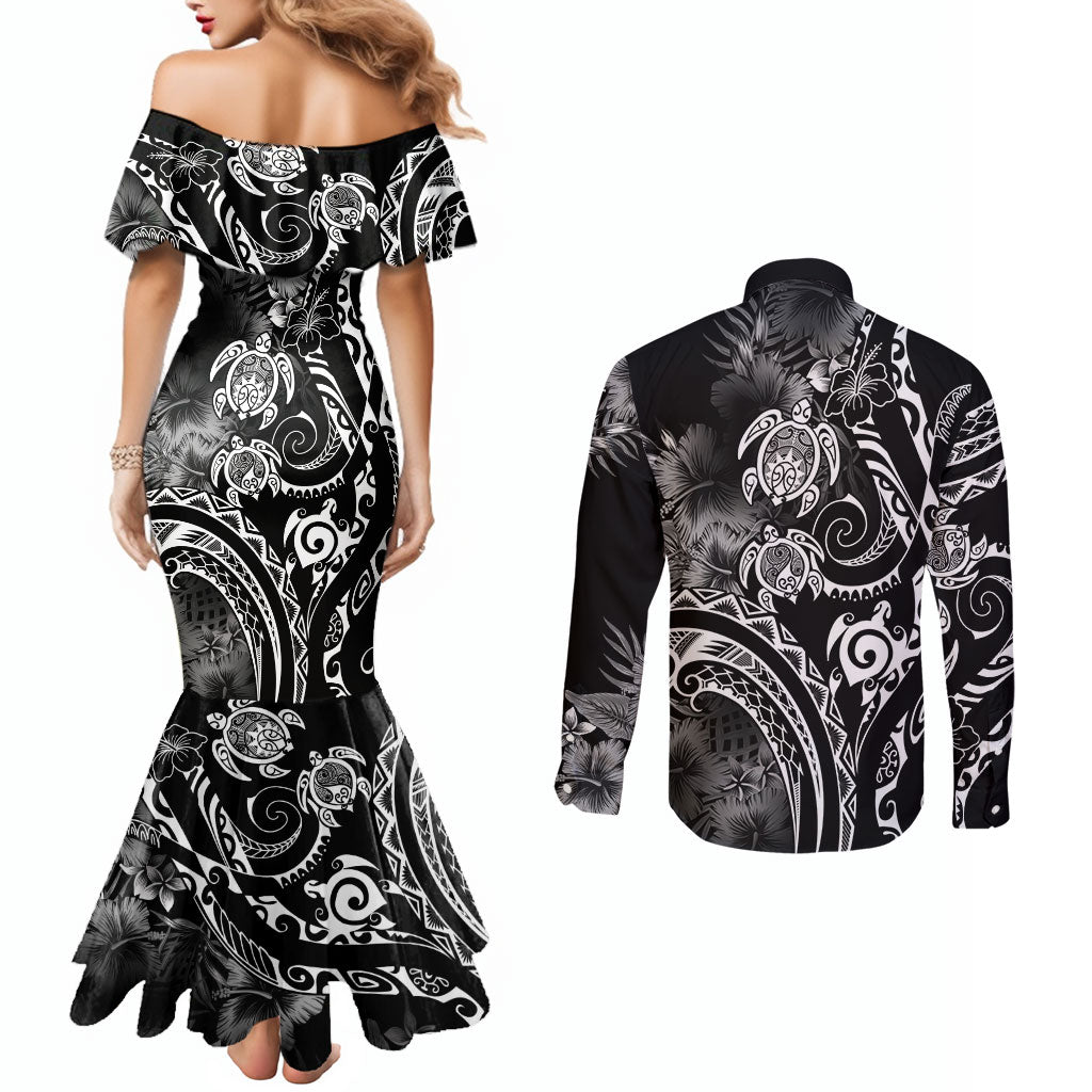 Aloha Hawaii Turtles Floral Couples Matching Mermaid Dress and Long Sleeve Button Shirt Obsidian Glaze LT7 - Polynesian Pride