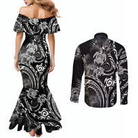 Aloha Hawaii Turtles Floral Couples Matching Mermaid Dress and Long Sleeve Button Shirt Obsidian Glaze LT7 - Polynesian Pride