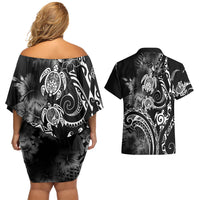 Aloha Hawaii Turtles Floral Couples Matching Off Shoulder Short Dress and Hawaiian Shirt Obsidian Glaze LT7 - Polynesian Pride