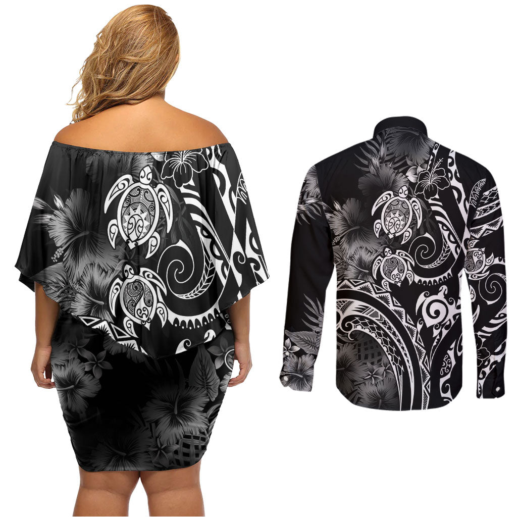 Aloha Hawaii Turtles Floral Couples Matching Off Shoulder Short Dress and Long Sleeve Button Shirt Obsidian Glaze LT7 - Polynesian Pride