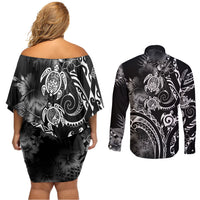 Aloha Hawaii Turtles Floral Couples Matching Off Shoulder Short Dress and Long Sleeve Button Shirt Obsidian Glaze LT7 - Polynesian Pride