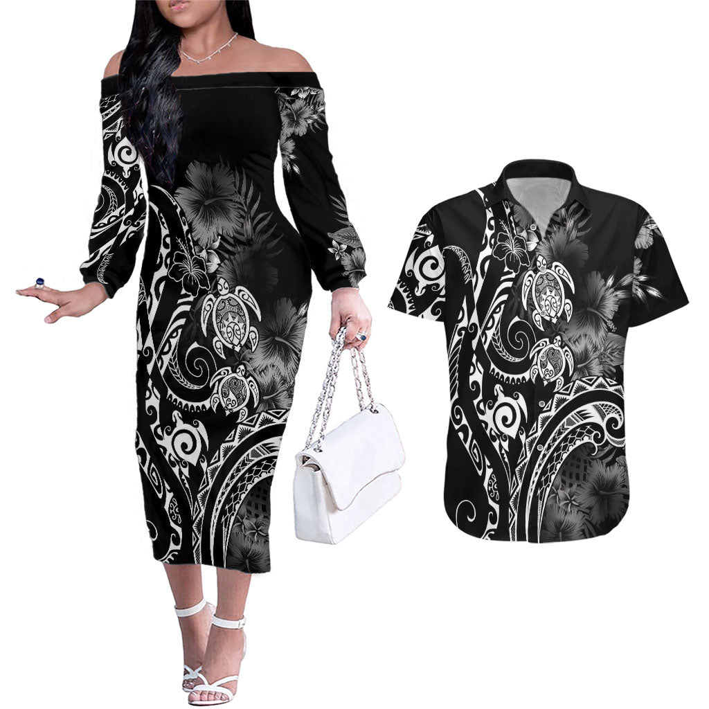 Aloha Hawaii Turtles Floral Couples Matching Off The Shoulder Long Sleeve Dress and Hawaiian Shirt Obsidian Glaze LT7 Black - Polynesian Pride