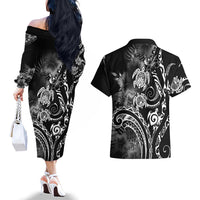 Aloha Hawaii Turtles Floral Couples Matching Off The Shoulder Long Sleeve Dress and Hawaiian Shirt Obsidian Glaze LT7 - Polynesian Pride