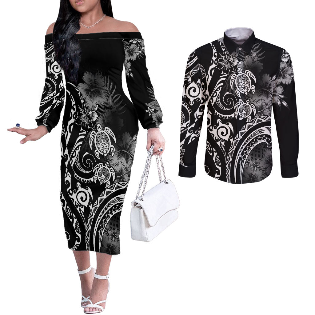 Aloha Hawaii Turtles Floral Couples Matching Off The Shoulder Long Sleeve Dress and Long Sleeve Button Shirt Obsidian Glaze LT7 Black - Polynesian Pride