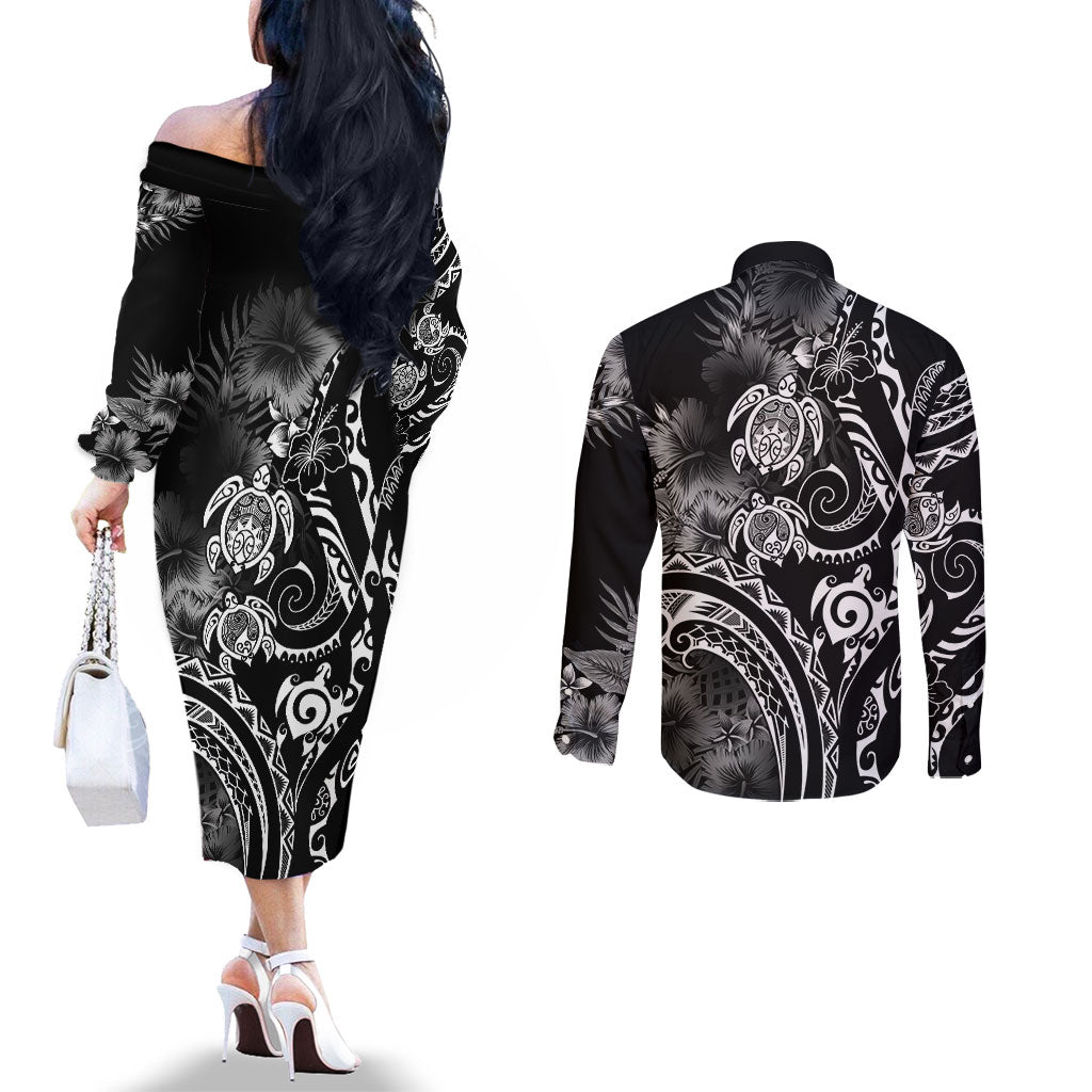 Aloha Hawaii Turtles Floral Couples Matching Off The Shoulder Long Sleeve Dress and Long Sleeve Button Shirt Obsidian Glaze LT7 - Polynesian Pride