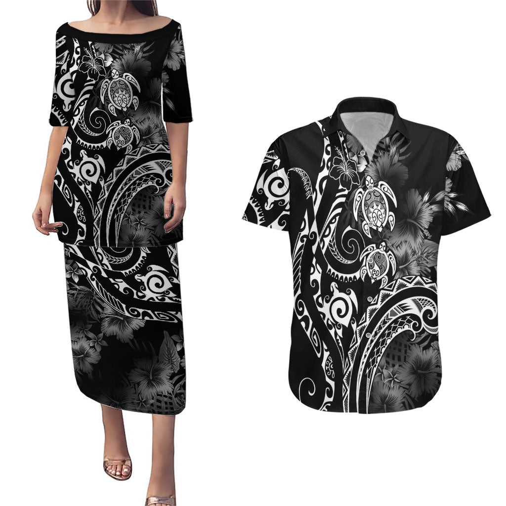Aloha Hawaii Turtles Floral Couples Matching Puletasi and Hawaiian Shirt Obsidian Glaze LT7 Black - Polynesian Pride