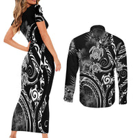 Aloha Hawaii Turtles Floral Couples Matching Short Sleeve Bodycon Dress and Long Sleeve Button Shirt Obsidian Glaze LT7 - Polynesian Pride