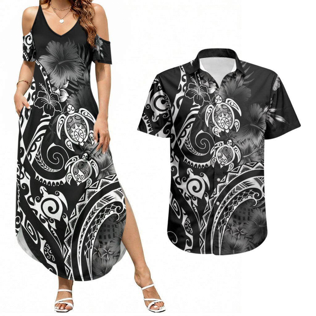 Aloha Hawaii Turtles Floral Couples Matching Summer Maxi Dress and Hawaiian Shirt Obsidian Glaze LT7 Black - Polynesian Pride
